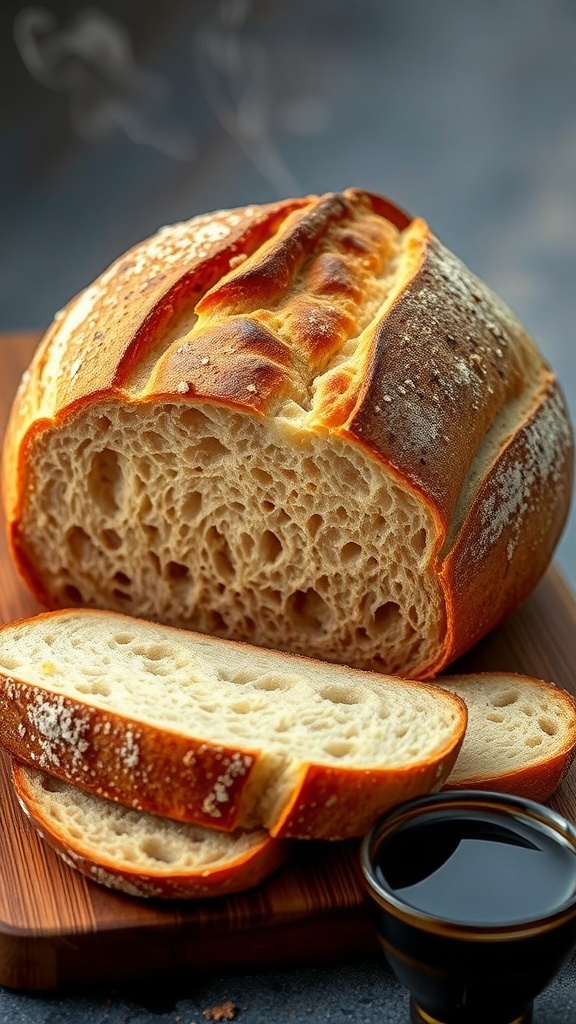 8-Hour Sourdough Bread Recipe A golden-brown sourdough bread loaf on a cutting board, sliced to show its airy interior.